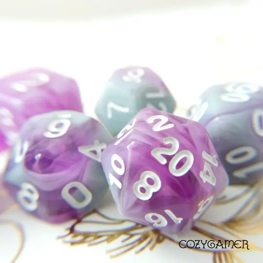 Stars Shine Dice Set – 7-Piece Grey Blue Purple Marbled DnD Dice