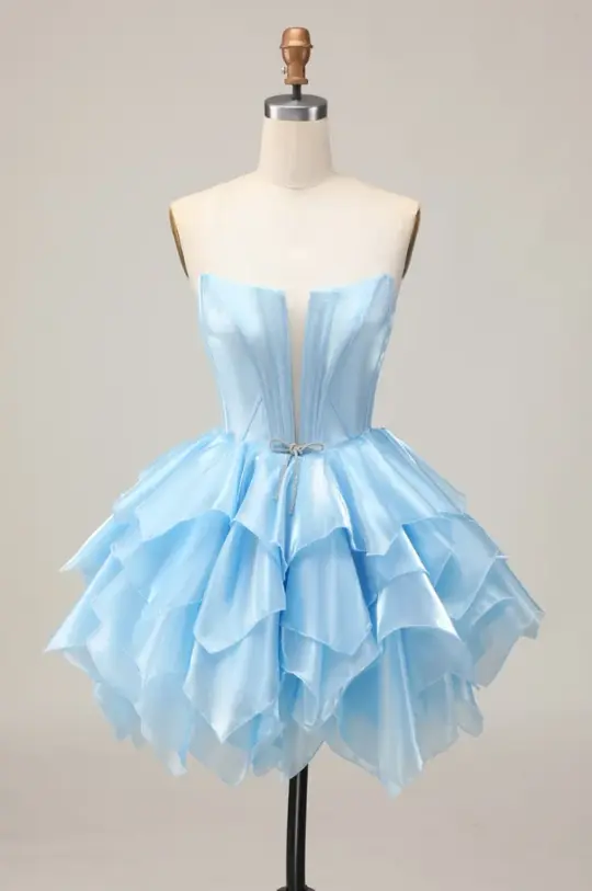 Niche Pale Blue Ruffled A-Line Strapless Corset Mini Prom Dress Homecoming Dress RS649