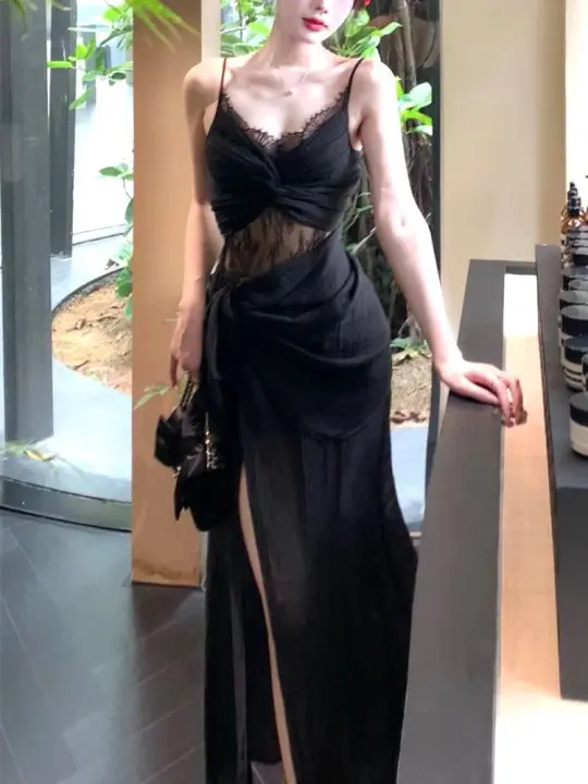 Sexy and Elegant Black Long Sheath Spaghetti straps Satin Dress with High-Slit Prom Dress Celebrity Dress RS020
