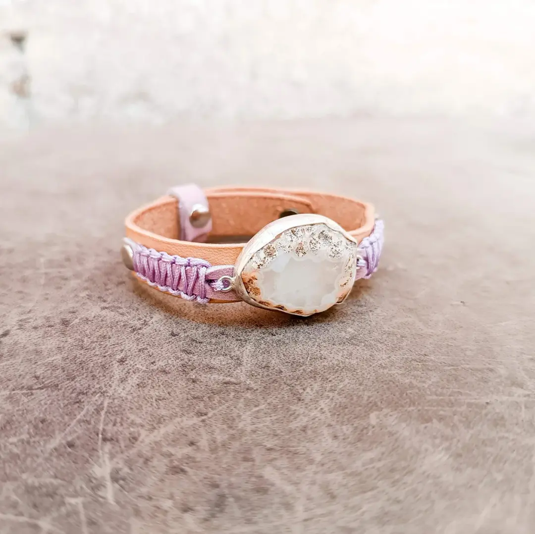 OOAK Druzy Rose Quartz Leather Bracelet | Sterling Silver Artisan Wristwear