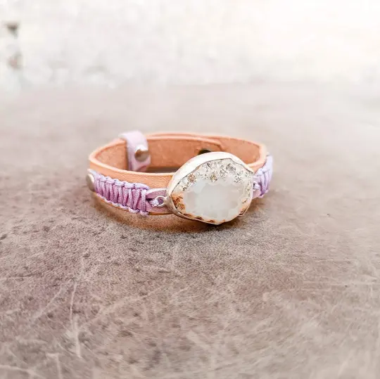 OOAK Druzy Rose Quartz Leather Bracelet | Sterling Silver Artisan Wristwear