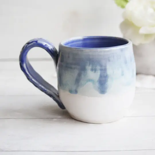 Hand-Thrown Stoneware Mug in Soft Blue and White Glazes, Made in USA