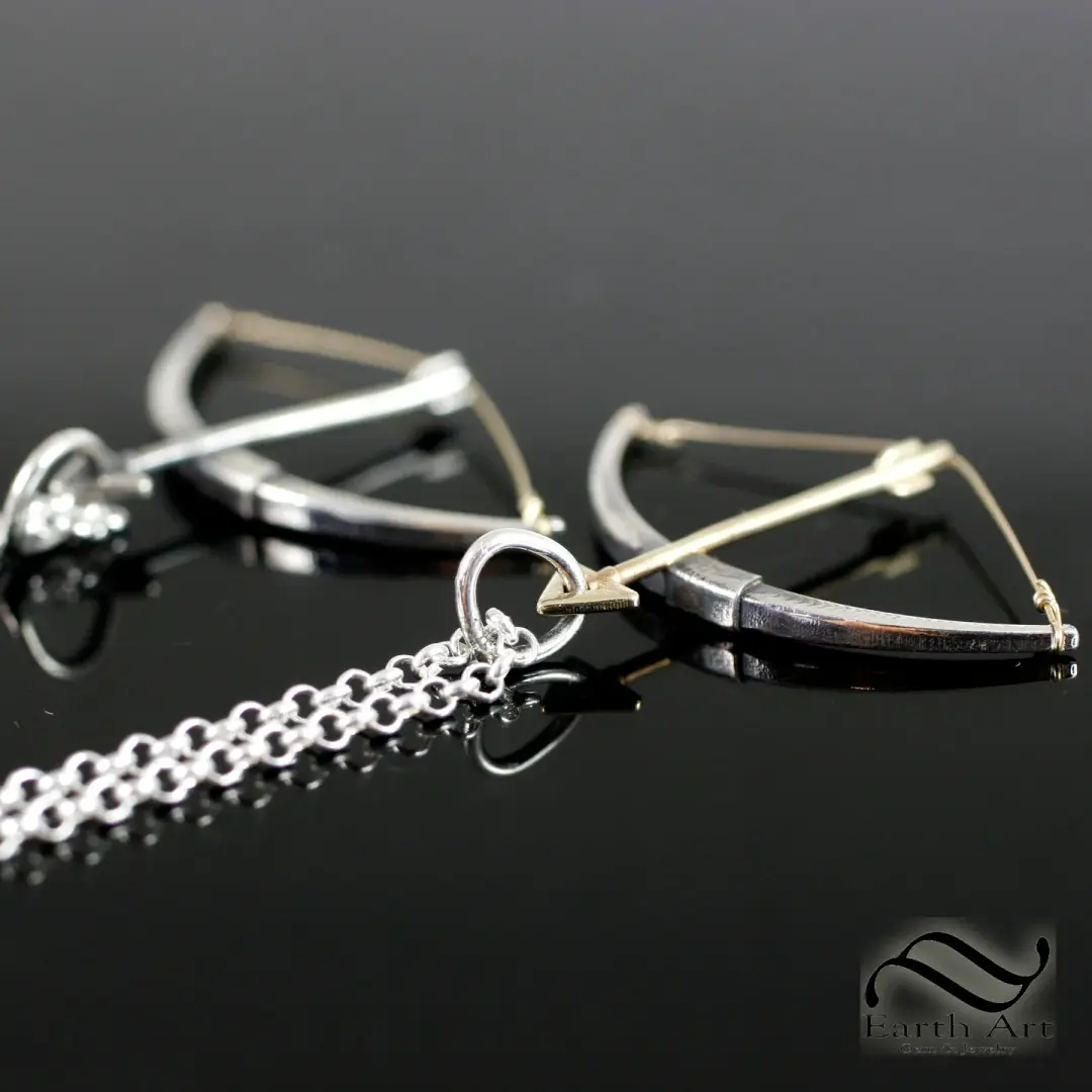 Longbow Pendant - English style Bow in Sterling Silver and 14k gold