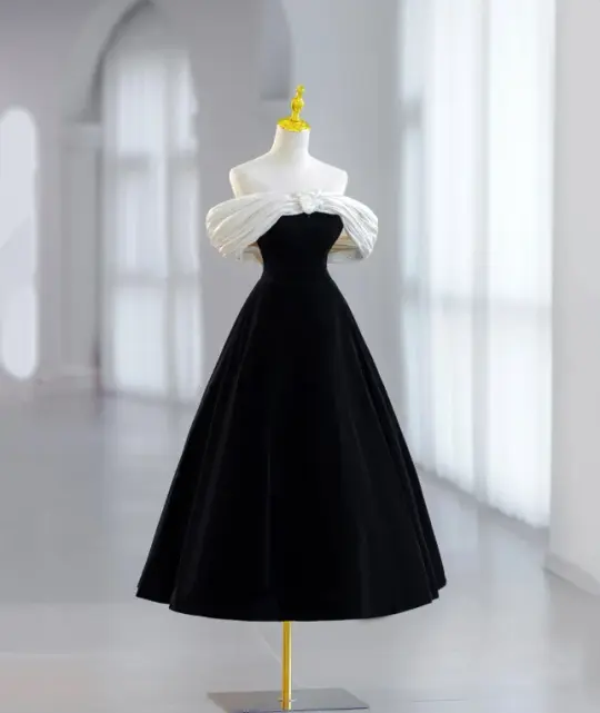 Minimalist Black Homecoming Dress , Satin Off-the-shoulder Corset Midi Evening Dress RS1449