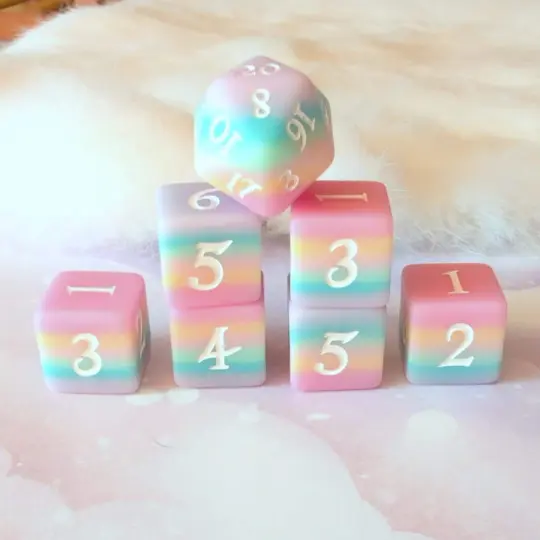 Dazed and Dreamy D6 Dice Set – 6 D6 + 1 D20 Matte Pastel Rainbow | Fennek & Finch