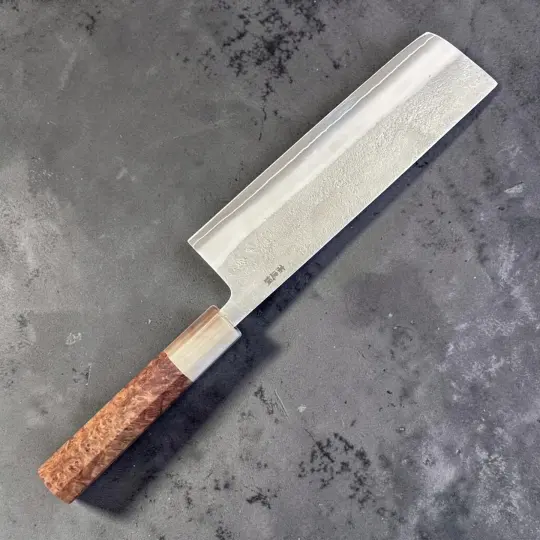 Yoshikane SKD Nashiji Nakiri with Amboyna Burl Handle