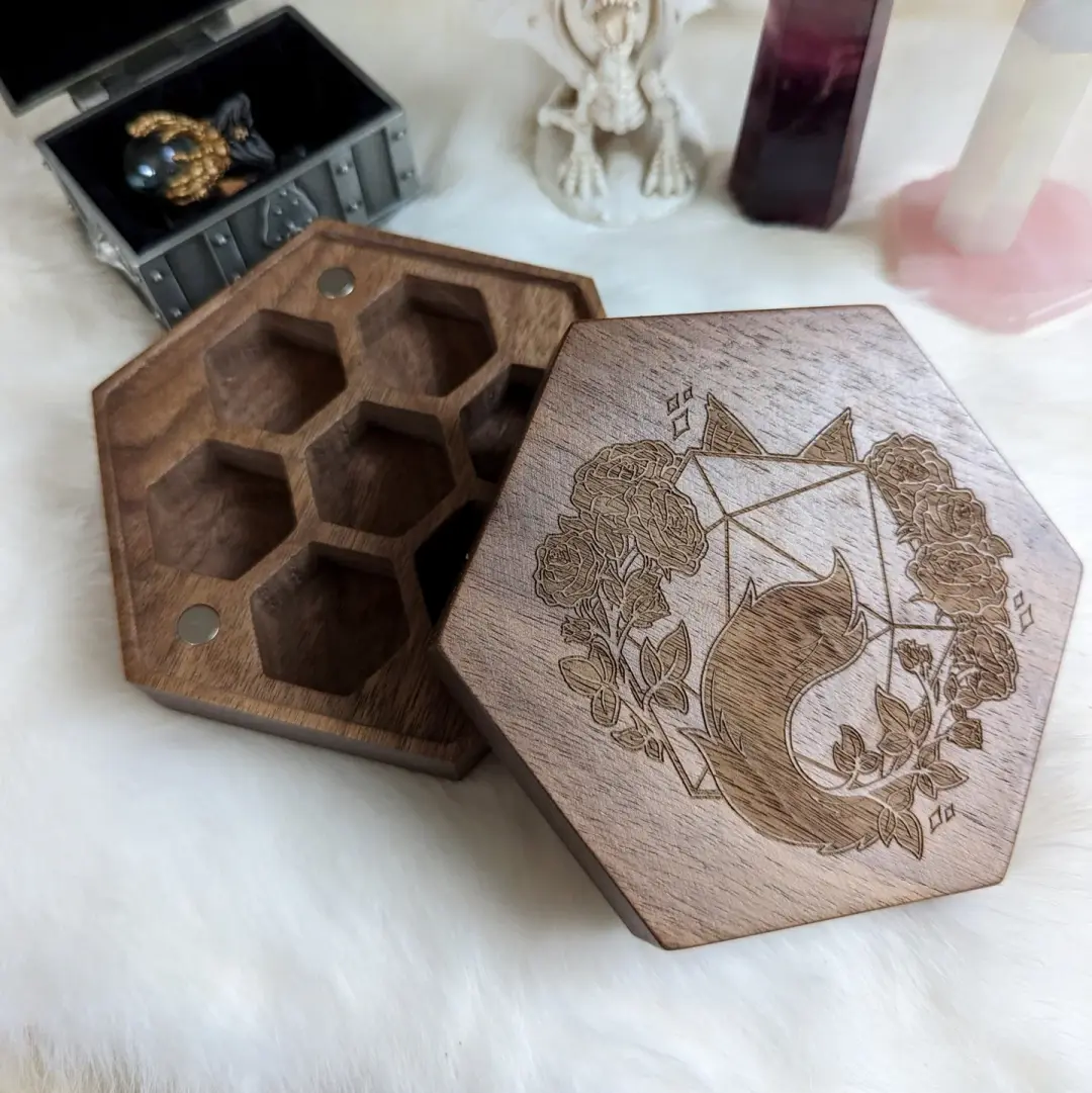 Walnut Wood Dice Box – D20 Roses Cat Design 4.2" x 4" x 1.4" Magnetic