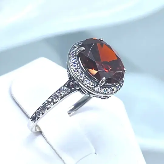 Garnet Halo Ring, Size 7, White CZ Accent Gems, Art Deco Sterling Silver Filigree #D228 - Ready to Ship
