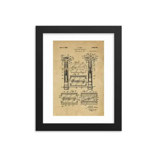 Vintage Gillette TTO Safety Razor Patent Drawing Framed Print