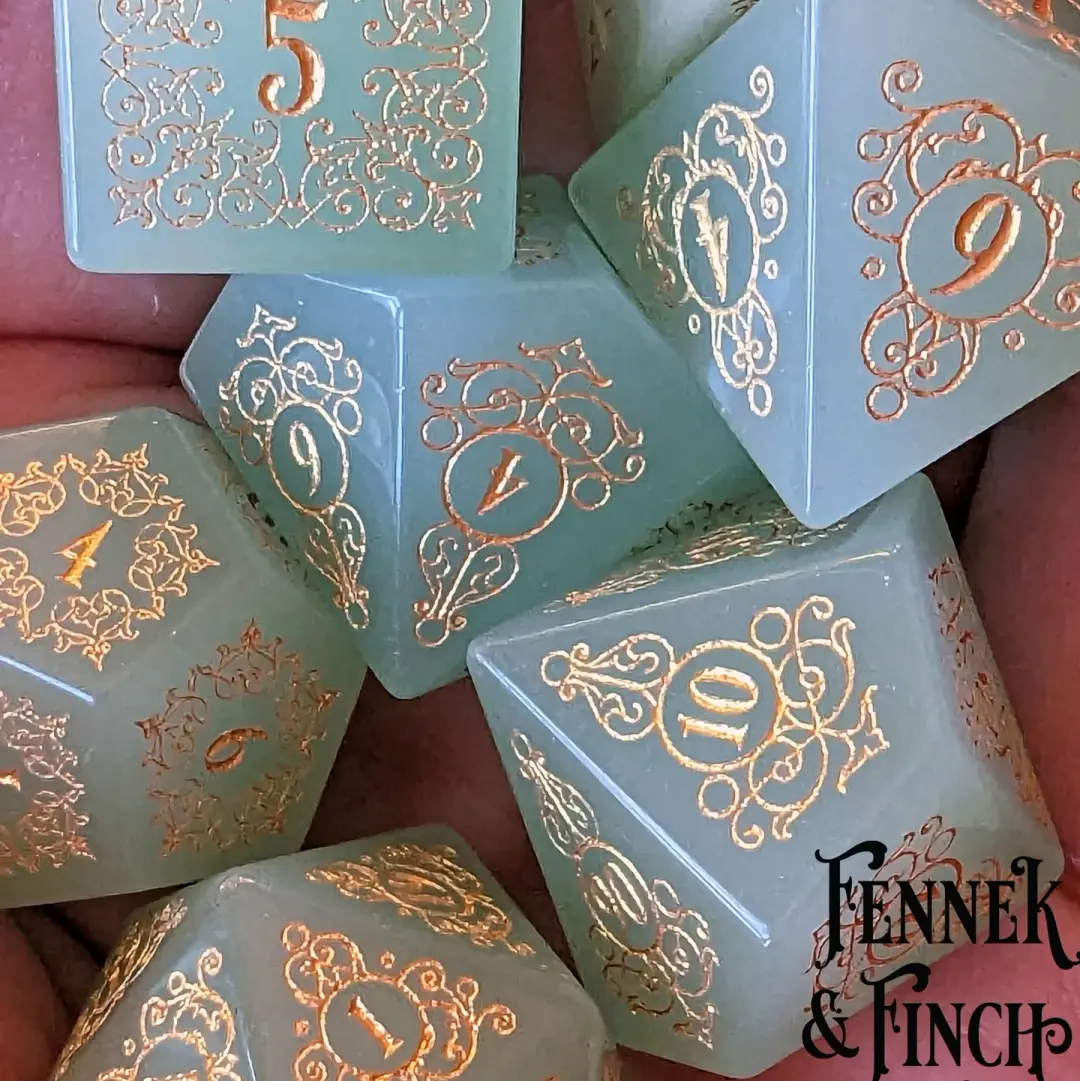 Garden Gate Milky Green Glass Gemstone Dice Set – 7-Piece DnD Dice | Fennek & Finch