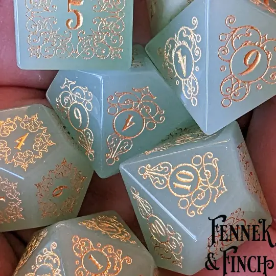 Garden Gate Milky Green Glass Gemstone Dice Set – 7-Piece DnD Dice | Fennek & Finch