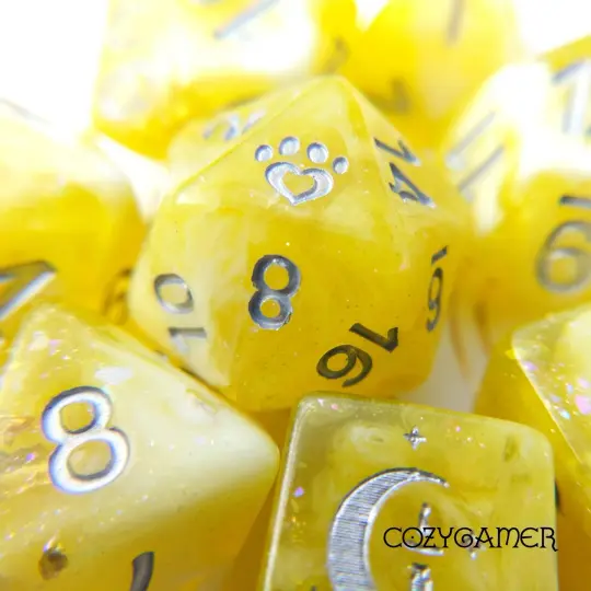 Sunlight Dice Set – 7-Piece Clear Yellow White Glitter Foil DnD Dice