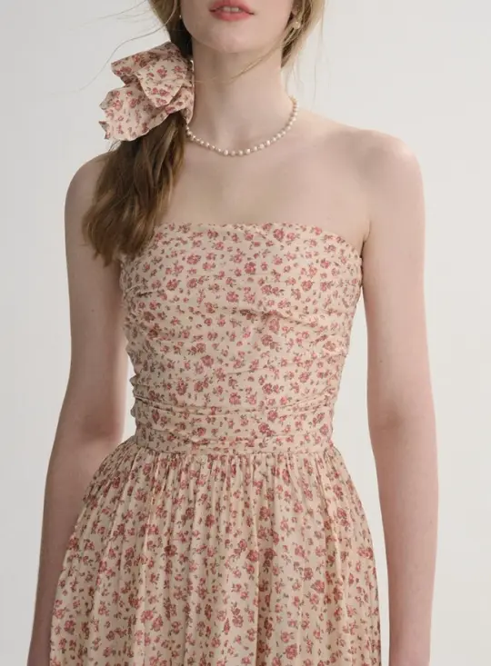 French dress high-grade tube top long dress holiday floral dress seaside wear small skirt for women R3553