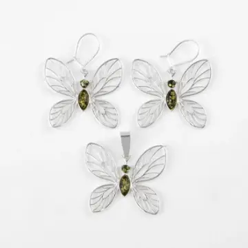 Green Amber Butterfly Earrings and Pendant Set
