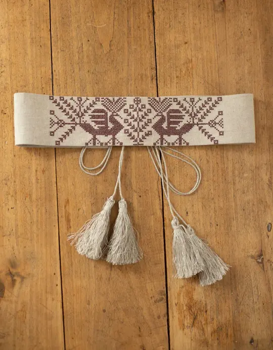 Ceinture 'Valeska' en lin naturel brodé bordeaux