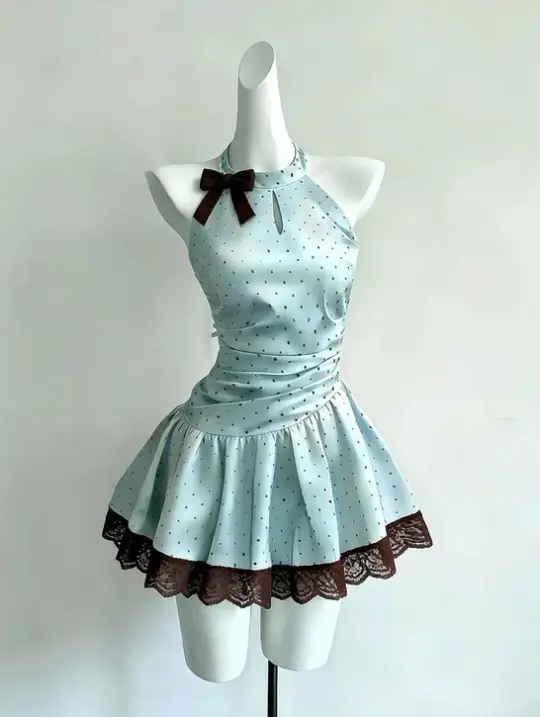 Charming Pale Blue Homecoming Dress ,A-Line High Collar Polka Dots Corset Short Prom Dress RS951