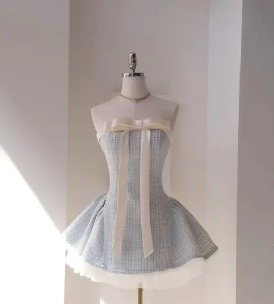 Light blue tube top bow design slim waist A-line princess skirt homecoming dress R3961