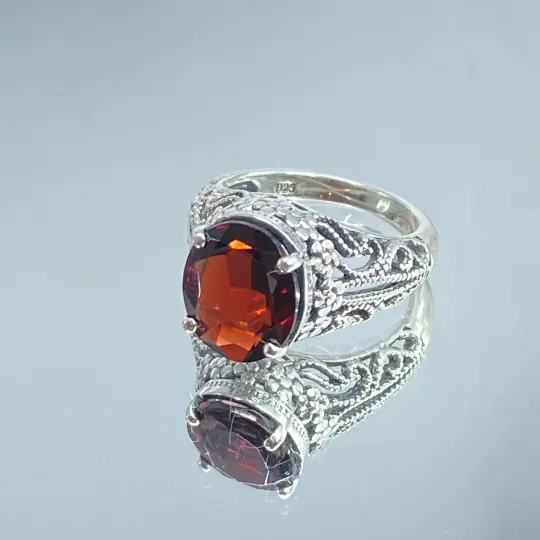 Natural Garnet Ring, Size 6, Oval Gemstone, Blossom Design D171 - Ready to Ship