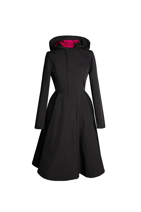 Fit and Flare Coat with Full Circle Skirt in Black with Fuchsia Pink Lining | Pink Ruby