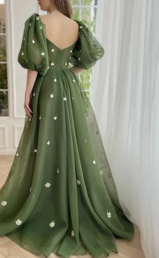 Fresh Tulle Puff Sleeves Applique Prom Gown Bud Green Women's Corset Maxi Evening Dress Birthday Dress RS2930