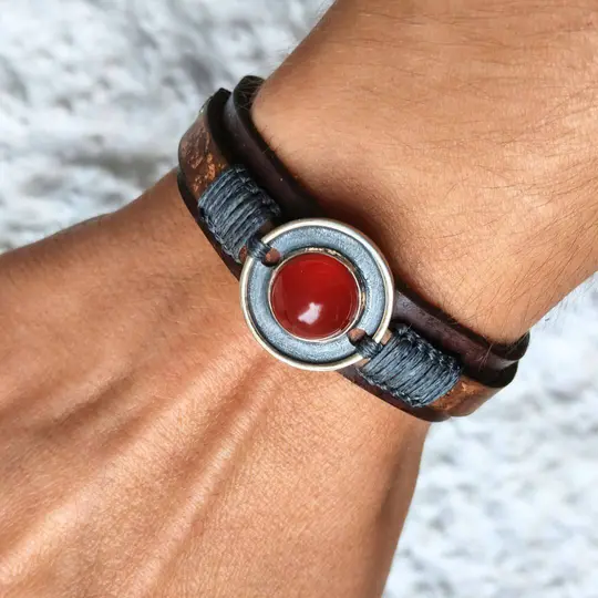 OOAK Red Carnelian Leather Bracelet — Brown Crazy Horse & 925 Silver
