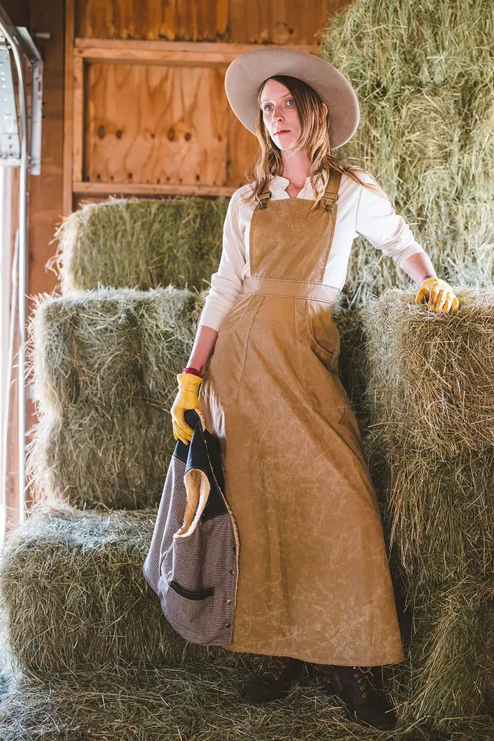Waxed Cotton Work Pinafore in Sand-Small