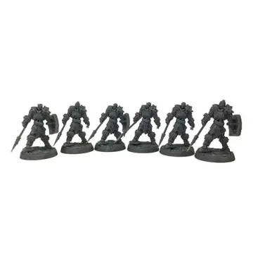 A front-view photograph of six unpainted grey resin skeleton heavy infantry miniatures against a white background. The bulky skeletal figures are heavily armored in thick plates with fur trim, each holding a long spear and carrying a rectangular shield. They are posed in combat stances on circular, cobblestone-textured bases.