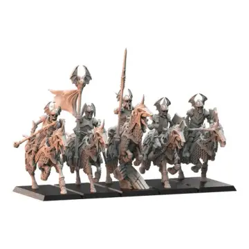 Unpainted 32mm 3D-printed skeleton knights on armored skeletal horses with lance and banner, tabletop wargame and RPG miniature for D&D, Pathfinder and rank and flank armies