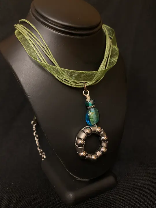 Bearing Necklace or Earring Set with Green and Teel Glass Beads