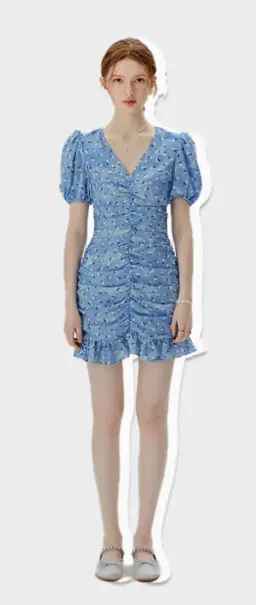 Short hip skirt summer French floral skirt blue petite pleated dress female summer R3484