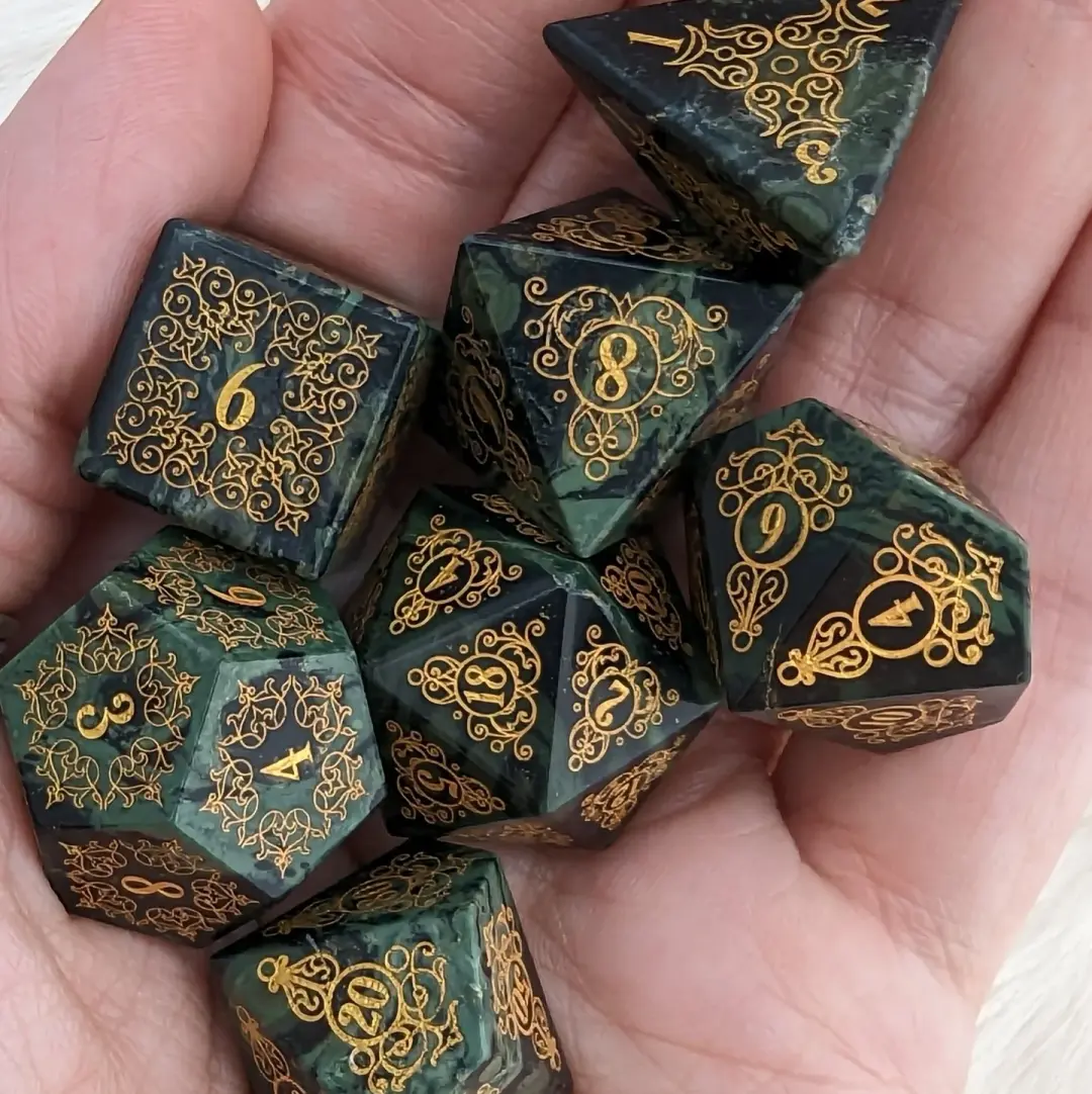 Garden Gate Jasper Gemstone Dice Set – 7-Piece DnD Dice | Fennek & Finch