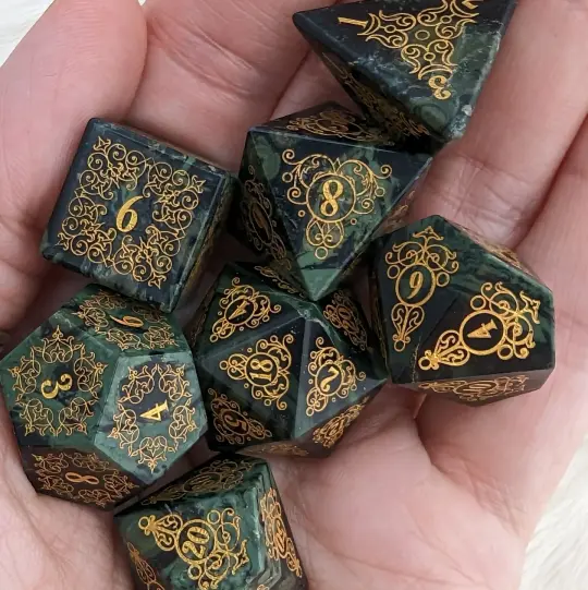 Garden Gate Jasper Gemstone Dice Set – 7-Piece DnD Dice | Fennek & Finch