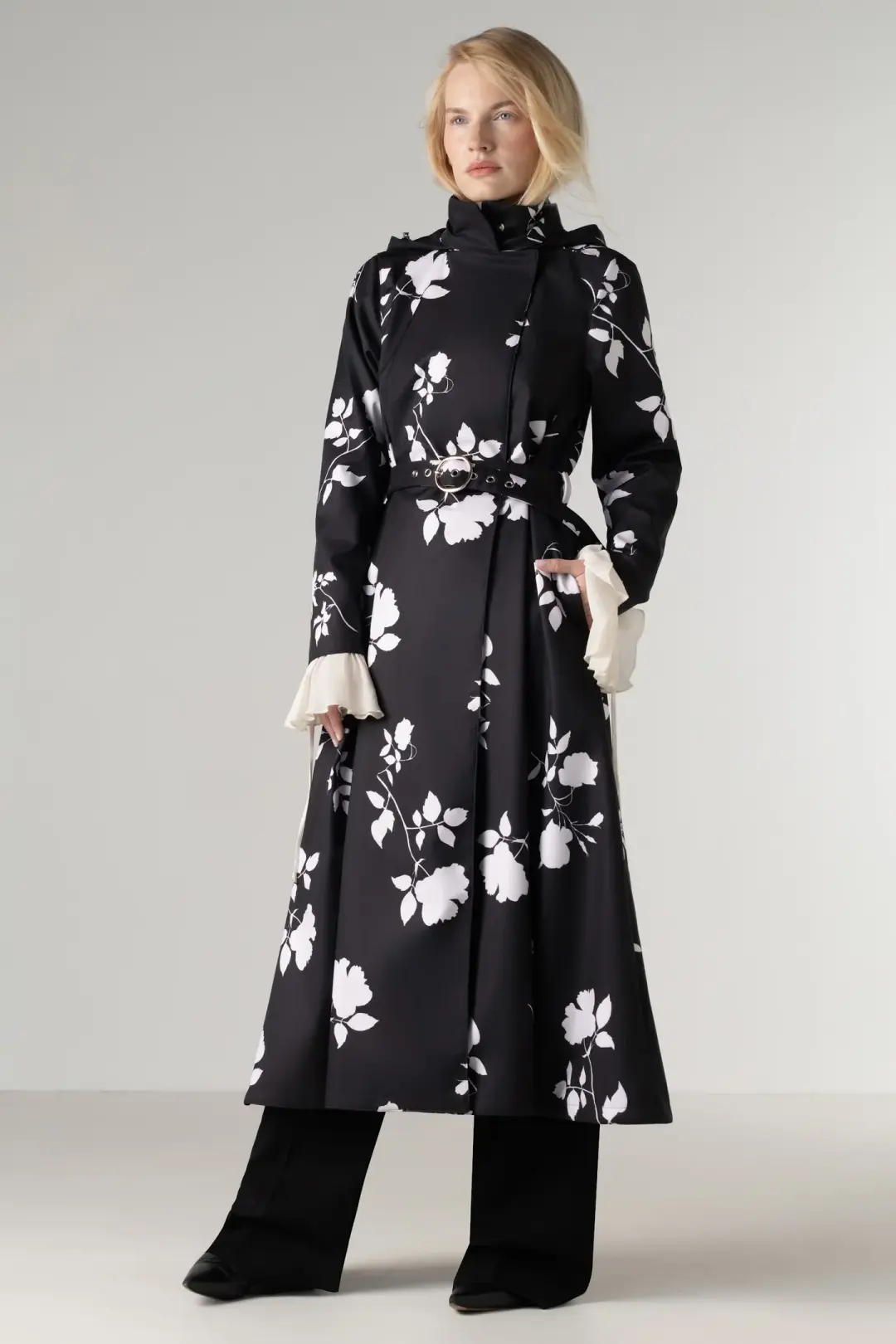 Double Breasted Black Floral Coat | Ivory Shadow