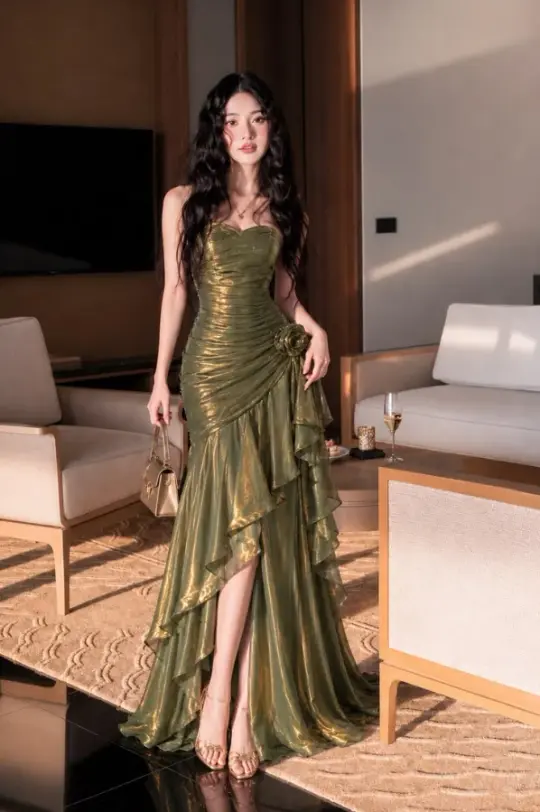 Elegant Bud Green Prom Gown ,Silky Flowy Pleated Maxi Evening Dress Cami Dress RS1276