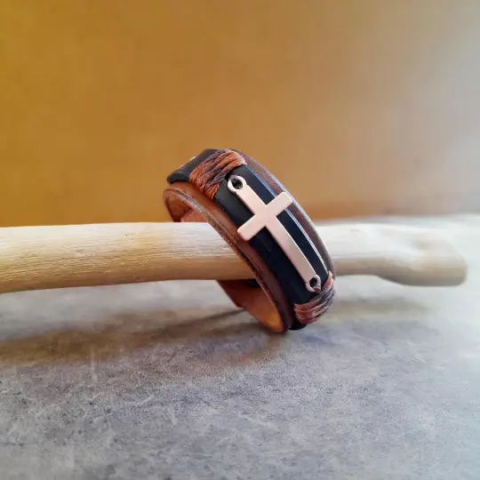 Personalized Rose Gold Cross Leather Bracelet | Bible Verse Unisex Cuff