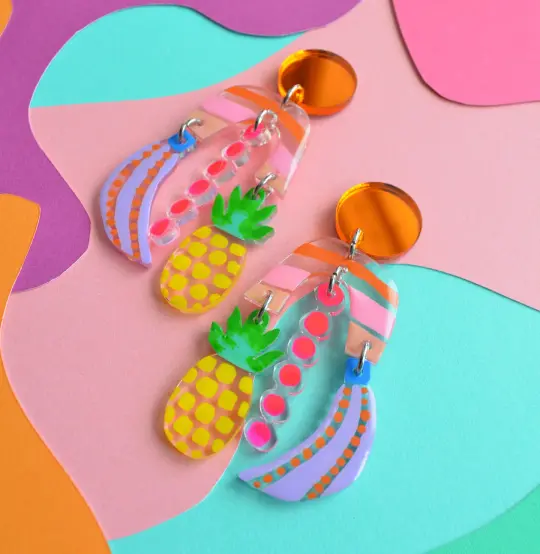 Neon Pineapple and Banana Acrylic Statement Earrings