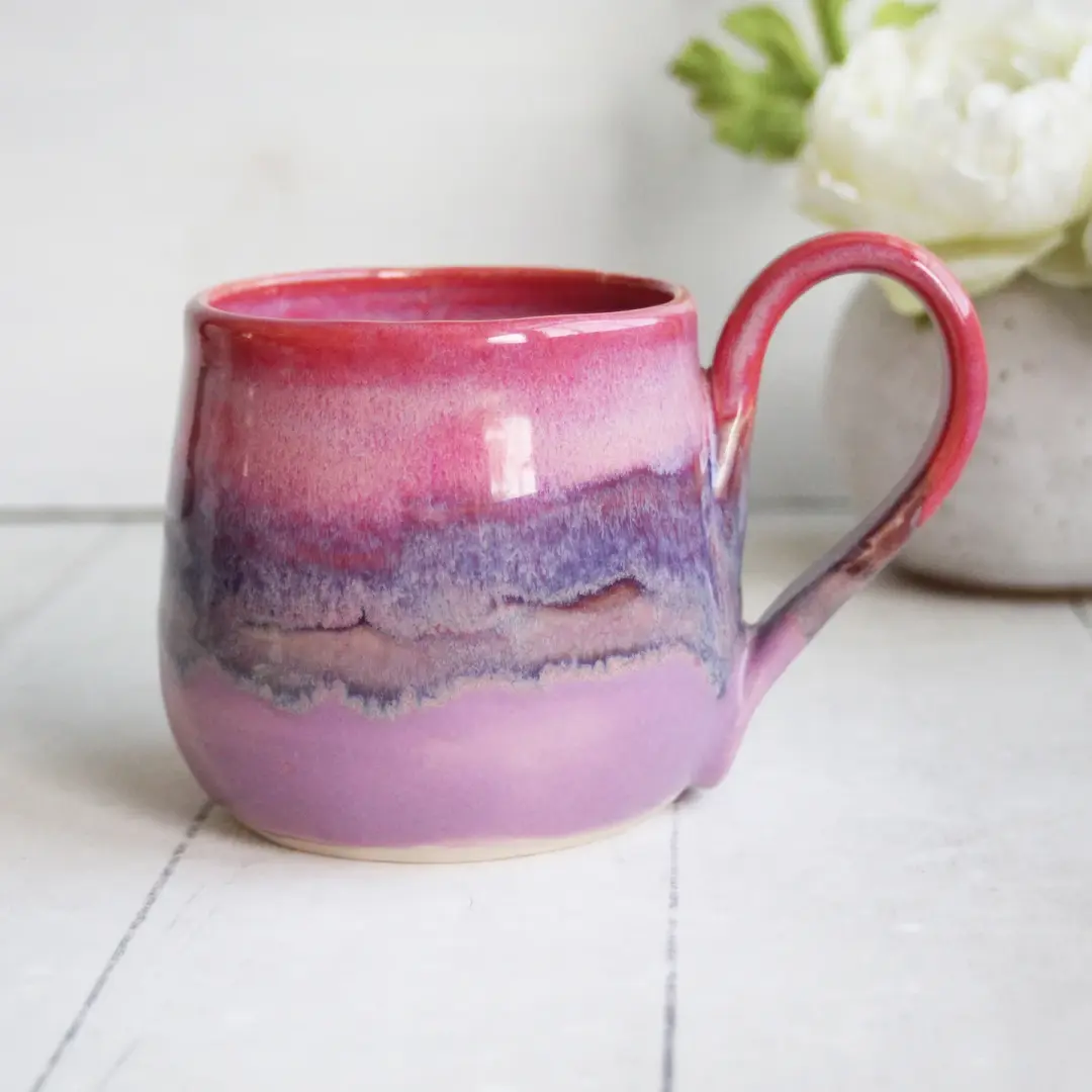 Pink and Purple Glazed Pottery Mug, 11 Ounce, Handcrafted Stoneware Cup, Made in USA