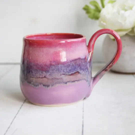 Pink and Purple Glazed Pottery Mug, 11 Ounce, Handcrafted Stoneware Cup, Made in USA