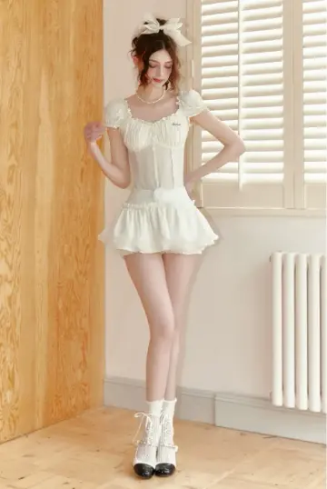 Romantic White Lace-Trimmed Corset Set with Ruffled Puff Sleeves, Button Front and Floral Accent Skirt R9243