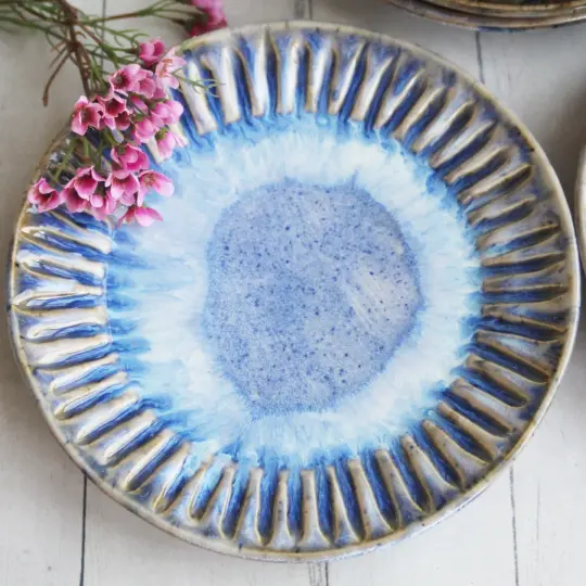 Set of Six Rustic Salad Plates in Swirling Blue Glaze, Hand Carved Made in USA
