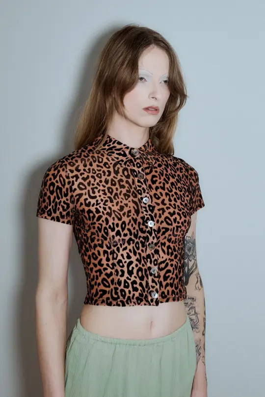 New Jersey Leopard Mesh Short Sleeve Button Up Top
