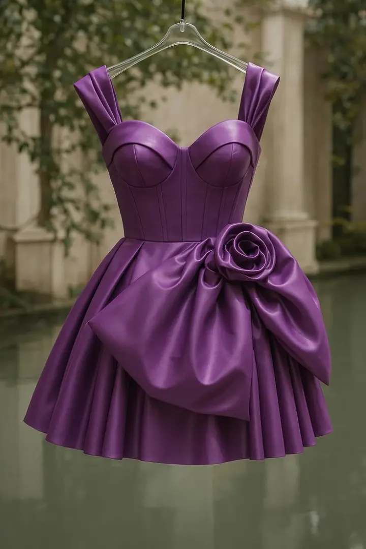 Purple suspender dress with slim waist and design skirt short skirt homecoming dress R3692