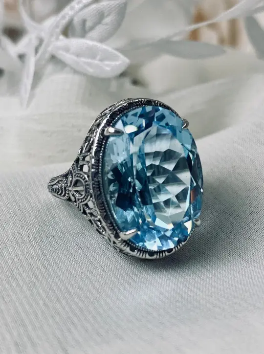 Natural Blue Topaz Persian Ring, Art Deco Vintage Revival Jewelry #D230