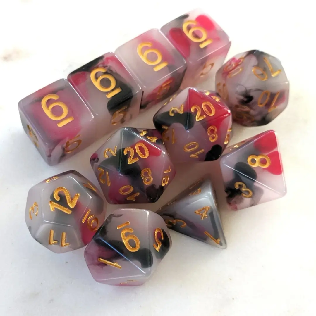 Spellbound Swirl Dice Set – White with Red & Black Ink (11-Piece)