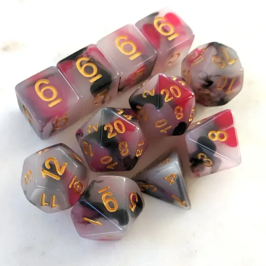 Spellbound Swirl Dice Set – White with Red & Black Ink (11-Piece)