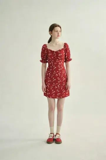 Red Floral Print Mini Dress Women With Puff Sleeves And Square Neck R9483