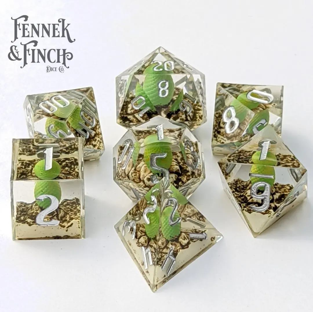 Dragon Egg Sharp Edge Dice Set – 7-Piece Green Egg DnD Dice