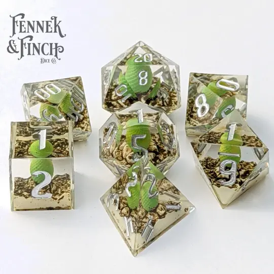 Dragon Egg Sharp Edge Dice Set – 7-Piece Green Egg DnD Dice