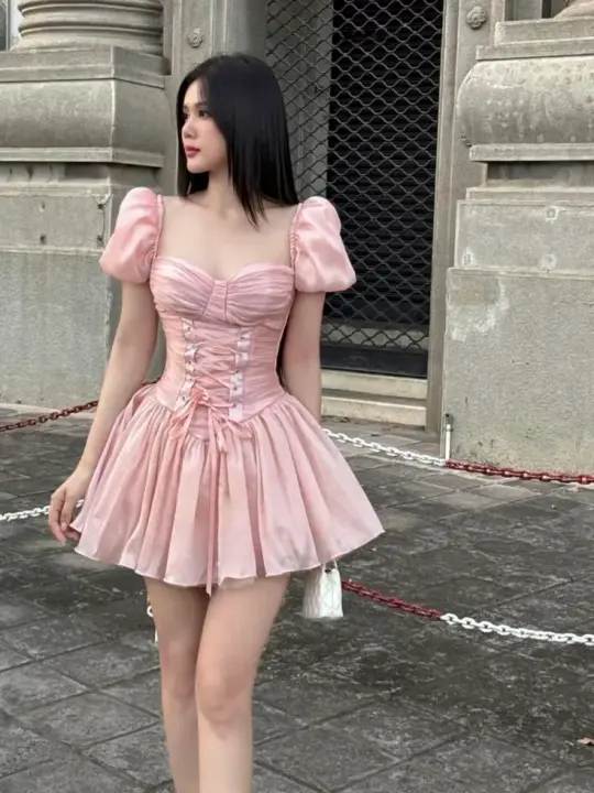 Pink Puff Sleeve Waist Slimming A-Line Short Skirt Homecoming Dress R3804