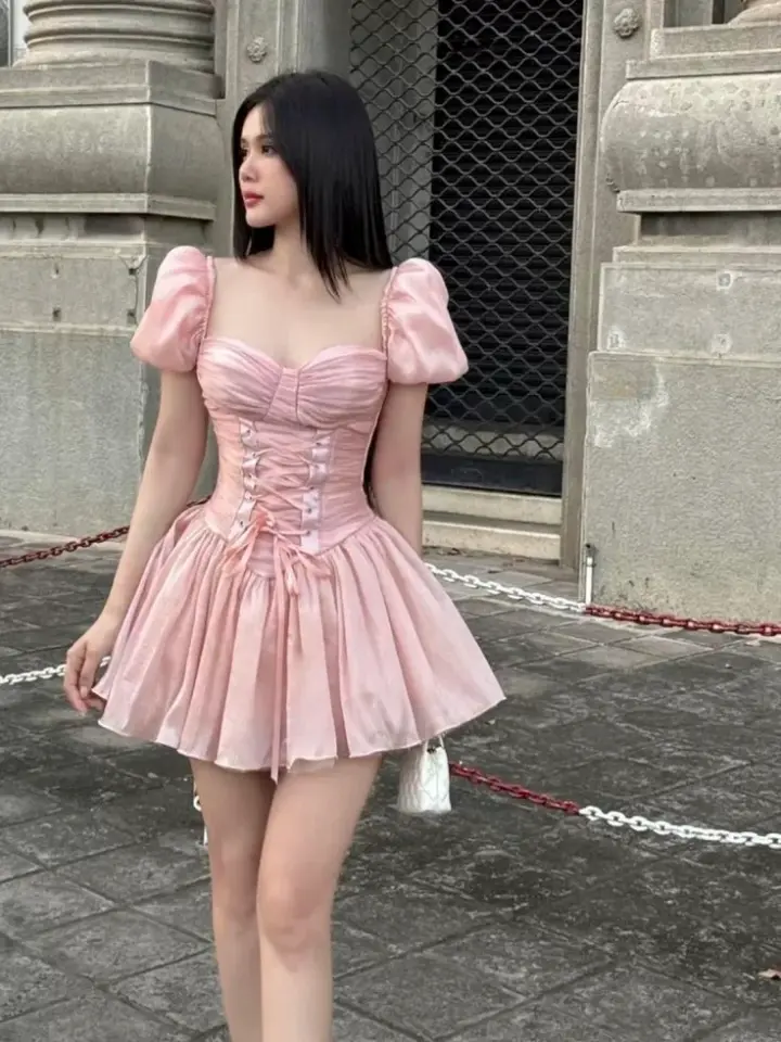 Pink Puff Sleeve Waist Slimming A-Line Short Skirt Homecoming Dress R3804